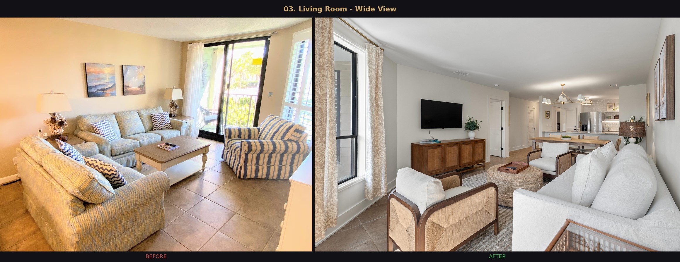 Living Room — Wide View before and after